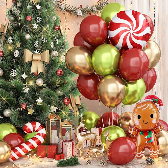 Red and Green Christmas Balloon, 12'' Retro Maroon Ruby Red Metallic Gold Pastel Green Xmas Latex Balloons with Candy Cane Gingerbread Man Foil Balloon for Merry Christmas Party New Year Decorations