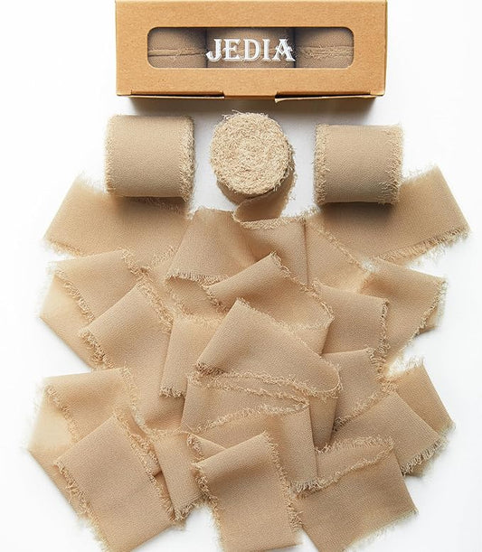 3 Rolls Fall Light Brown Handmade Fringe Chiffon Ribbon, 1.5" x 7Yd Chiffon Silk Ribbons, Gift Wrapping Ribbons Set for Bridal Bouquets, Gift Wrapping, Wedding, Bouquet Wrap, DIY Crafts