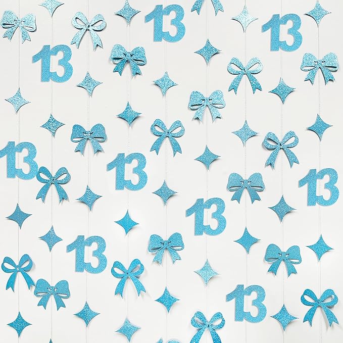 Glitter Blue 13th Bow Birthday Decorations Teal Blue Conquette Bow Garland Streamer Banner Backdrop for Girls Happy 13th Birthday Official Teenager Cheers to 13 Years Old Anniversary Party Supplies