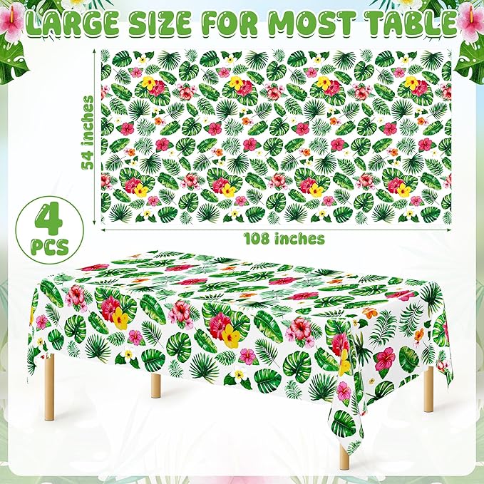 QZYL 4Pcs Luau Party Decorations, 108" X 54" Floral Leaf Tablecloth, Disposable Plastic Luau Party Decorations, Rectangle Tropical Palm Tablecover for Hawaiian Theme Decor Tropical Summer Beach Pool