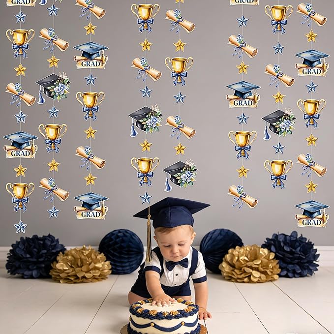 Blue Gold Graduation Party Hanging Streamer Floral Navy Gold Star Grad Cap Garland Banner for Congrats Grad You Did It Class of 2026 We are So Proud of You Themed Graduation Party Decorations Supplies