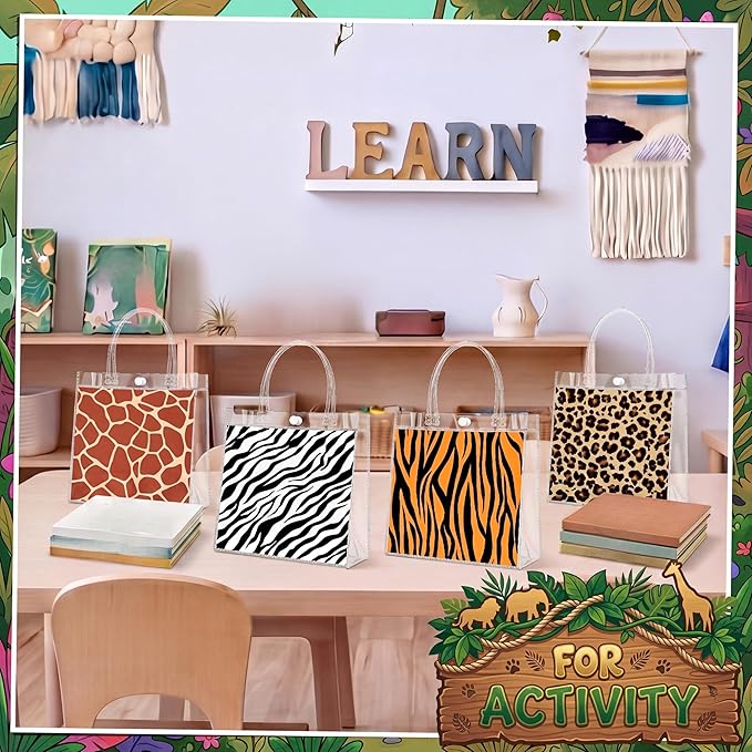 Aliceset 20 Pcs Animal Print Goodie Bags with Handles Safari Party Favor Bags for Jungle Theme Wild Animals Zoo Party Bithday Baby Shower Supplies Decor, 8x8x3.15 Inch