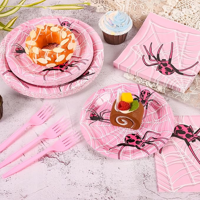 96 Pcs Pink Ghost Spider Party Supplies Disposable Tableware Set Serve 24 Guests Include Spider Web Paper Plates and Napkins Plastic Forks for Birthday Party Baby Shower Halloween Decorations(Pink)