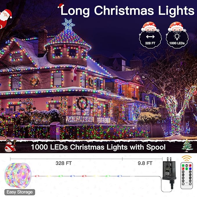 Christmas Lights Outdoor, 1000LED 328FT Christmas Tree Lights IP67 Waterproof, Plug in Fairy Lights with Remote 8 Modes Timer, Xmas Light for Outside Indoor House Holiday Decor(Multicolor)