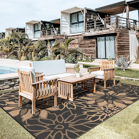 GENIMO Outdoor Rug Waterproof for Patio Decor, 10' x 14' Reversible Plastic Straw Floral Camping Carpet, Large Area Rugs Mats for RV, Camper, Deck, Balcony, Porch, Beach, Picnic, Black & Brown