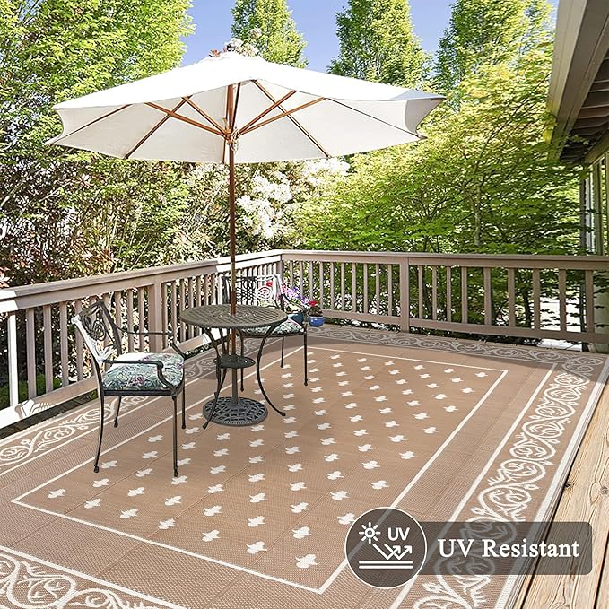 Pauwer Waterproof Outdoor Rug 10x14, Reversible Plastic Straw Patio Camping Rug, Indoor Outdoor RV Mat Carpet for Deck, Camper, Porch, Balcony, Picnic, Bordered Beige