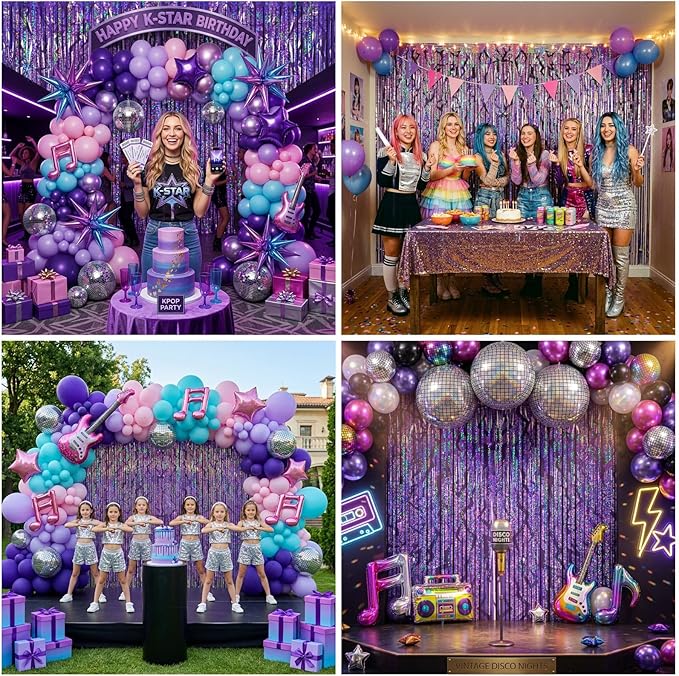 2 Packs Purple Foil Fringe Curtain, Purple Energy Pattern Glitter Metallic Tinsel Backdrop for Birthday, Baby Shower, Graduation, Bachelorette, Korean Idol Movie Party Decorations Favor Supplies