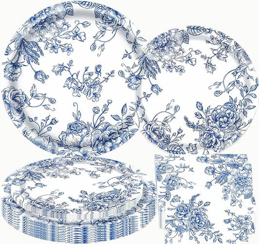 Blue White Floral Plates and Napkins Something Blue Before I Do Bridal Shower Tableware Decorations Vintage Blue Flower Paper Plate Napkins Wedding Tea Party Supplies