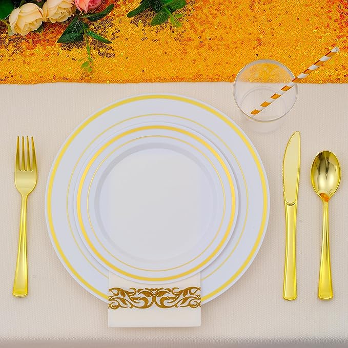 400PCS Gold Plastic Silverware, Gold Disposable Utensils, Heavy Duty Cutlery Set Includes 200 Forks,100 Knives,100 Spoons, Flatware for Party Wedding