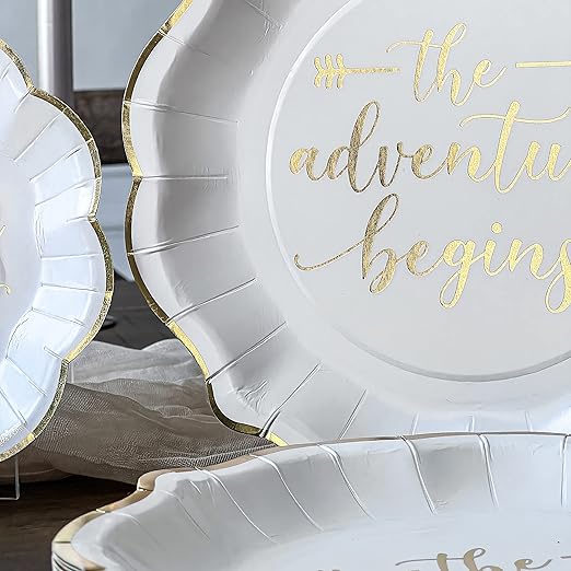 Kate Aspen The Adventure Begins Wedding Paper Plates and Napkins Set - 72 Piece Wedding Plates Disposable Party Tableware for 24 Guests - Bridal Shower Decorations, Engagement Party Decor