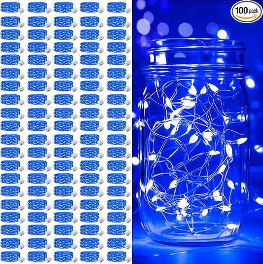 pozzolanas 100 Pack Blue Battery Operated String Lights - 7ft Waterproof Firefly Lights with 20 LEDs for Home, Mason Jar, Party, Wedding, Halloween, Christmas Decorations