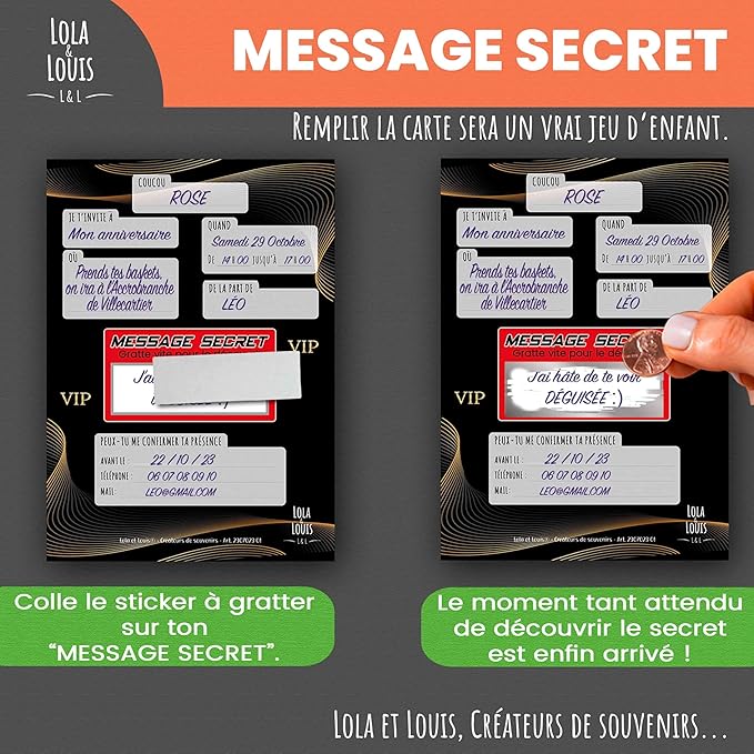 Complete Invitation Kit for 10 Guests Girls or Boys: Envelopes, Secret Message, Scrape, VIP Birthday Invitation Cards, Club Evening Decoration, Stickers Invitations Follow-up • Lola and Louis®