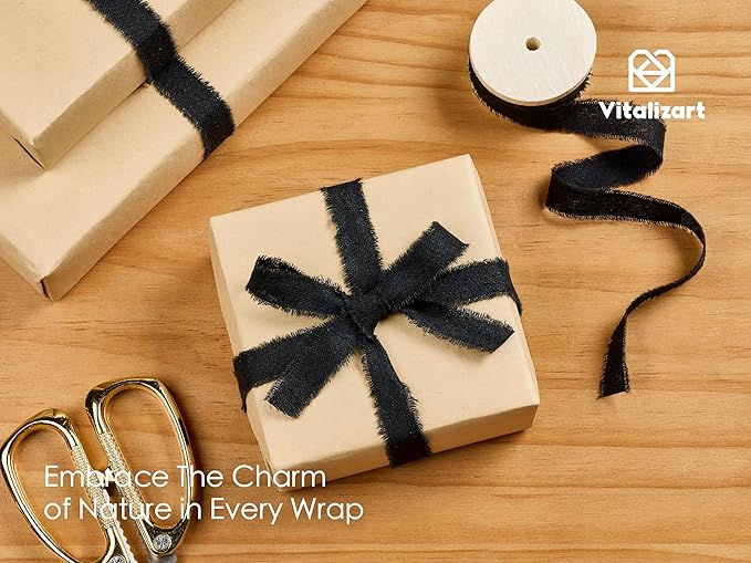 Vitalizart Black Cotton Ribbon Handmade Fringe 5/8" x 21 Yd Pure Natural Cotton Ribbons for Gift Wrapping Wedding Invites Bridal Shower Bouquets Holiday Decor