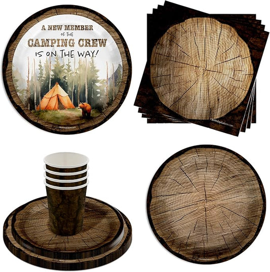 New Member of the Camping Crew Baby Shower Party Supplies - 64 Piece Camping Baby Shower Tableware Set Includes Large 9" Dinner Plates and 7" Dessert Paper Plates Napkins Cups - Kit for 16