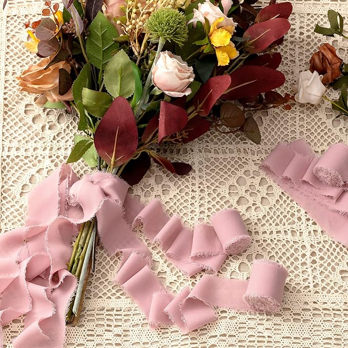 Ribbon, 6 Rolls Dusty Rose Wedding Chiffon Ribbon, 1 1/2 inch x 7Yd Ribbons for Flower Bouquet, Silk Ribbons for Crafts, Wedding Decor, Bridal Bouquets, DIY Crafts for Mothers Day