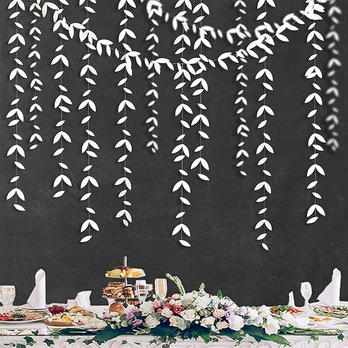 52 Ft White Party Decorations Leaf Garland Kit Paper Hanging White Leaves Streamer Banner for Wedding Engagement Bridal Shower Bachelorette Birthday Baby Shower Showcase Garden Party Decor (4 Packs)