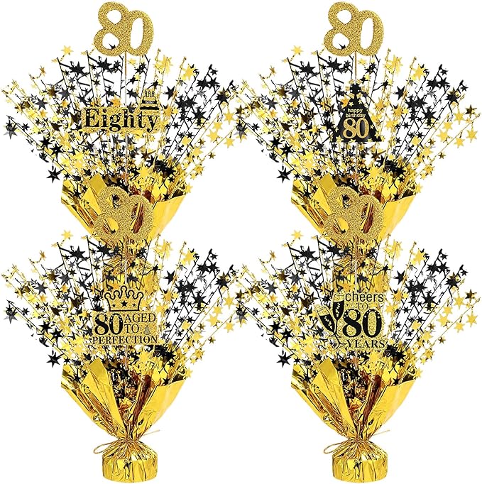 Tatuo 4 Pcs Metallic Foil Spray Centerpiece Happy 30th 40th 50th 60th 70th 80th Years Centerpiece Table Decorations for Black and Gold Birthday Anniversary Wedding Party Table Decor (80th Birthday)