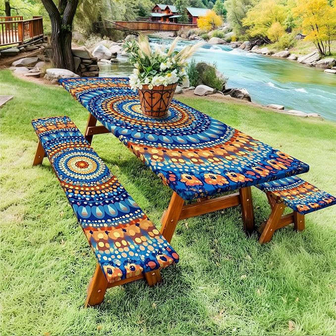 Picnic Table Cover with Bench Covers and Bag, Camping Essentials, Waterproof Windproof Camping Tablecloth, Fitted Tablecloth Cover with Elastic Edge for Indoor Outdoor 3 PCS 30x96 Inch