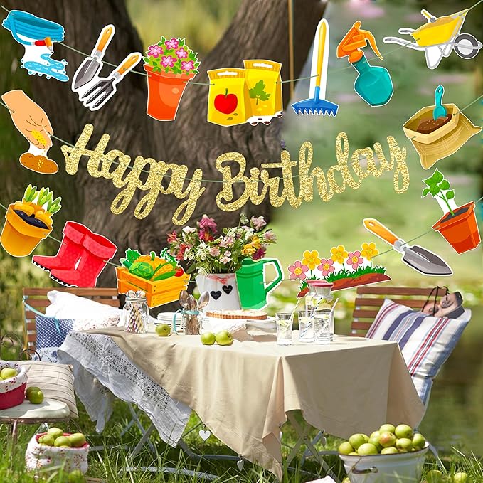 Garden Birthday Party Decorations 3Pcs Gardening Tool Theme Banner Garlands Gardening Birthday Hanging Decorations for Spring Theme Party Supplies