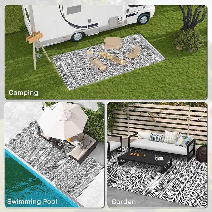 Outsunny Outdoor Rug for Patio, 9' x 18' Waterproof Large Mat, Reversible Plastic Straw Rug for Decor, Portable Outside RV Camping Area Carpet Mat for Backyard Porch Deck Picnic, Gray & Cream Boho