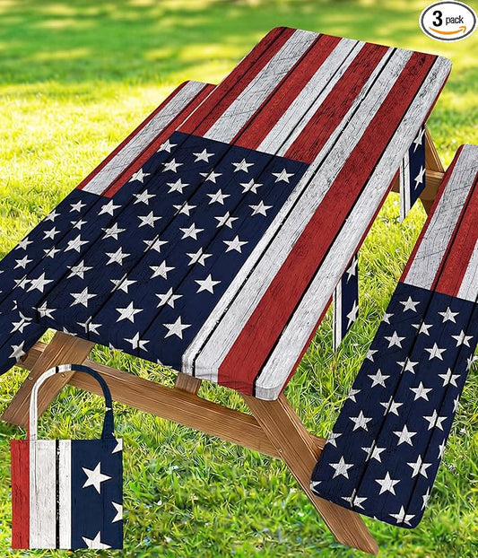 Picnic Table Cover with Bench Covers Waterproof Rectangle Tablecloth Camping Essentials Supplies Rv Travel Must Haves Gear Accessories Fitted Table Cloth Outdoor Road Trip Camper Gifts American Flag