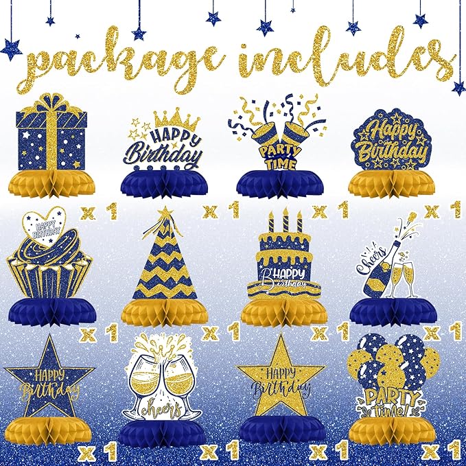 Blue and Gold Birthday Decorations – 12Pcs Honeycomb Table Centerpieces, Elegant Party Table Toppers for Adults, Stylish Blue Gold Birthday Decor