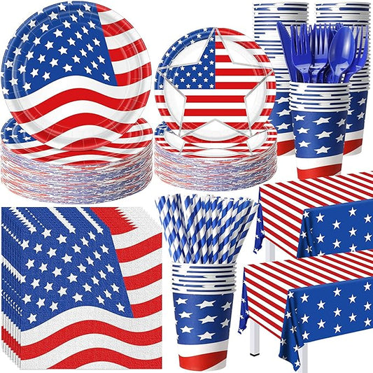Potchen 452 Pcs Party Supplies Serve 50 Guests, Paper Plates Napkins Cups Cutlery Plastic Tablecloth Dinnerware for Birthday Wedding Party Decoration (Red White Blue, American Flag)