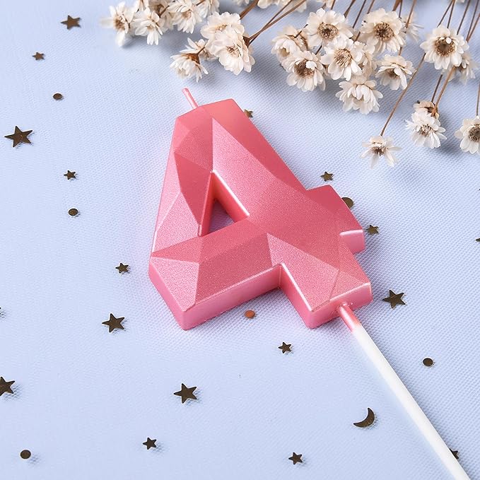 PHD CAKE 2.76 Inch Crystal Pink 4 Number Birthday Candles, Pink Number Candles, Cake Number Candles, Party Celebration