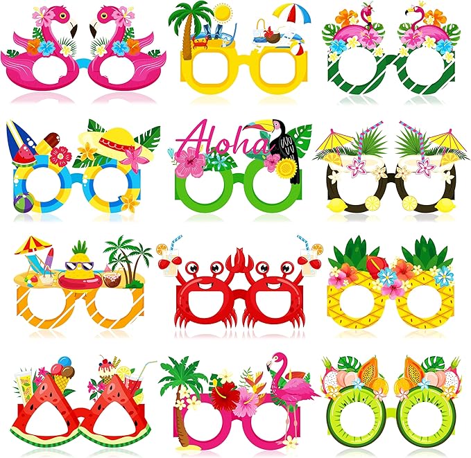 Moon Boat 60Pcs Hawaiian Luau Paper Glasses for Adults Bulk, Summer Beach Party Photo Props Hawaii Tiki Tropical Pool Sunglasses Decorations Supplies