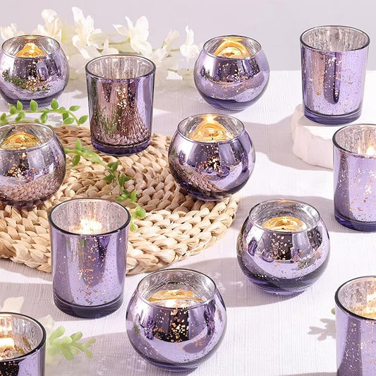 DEVI 12 Pcs Assorsted Purple Votive Candle Holders for Tea Lights & Votives, Mercury Glass Candle Holder Bridal Shower Party Table Decorations, Wedding Table Decorations for Home Party,