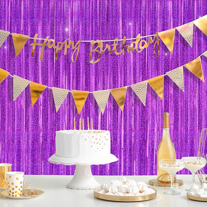 Purple Metallic Tinsel Foil Fringe Curtains Backdrop 2Pack 3.3x8.3Ft Purple Party Streamers for Birthday Party Decorations Halloween Christmas Decors Foil Curtain Backdrop for Bachelorette Wedding