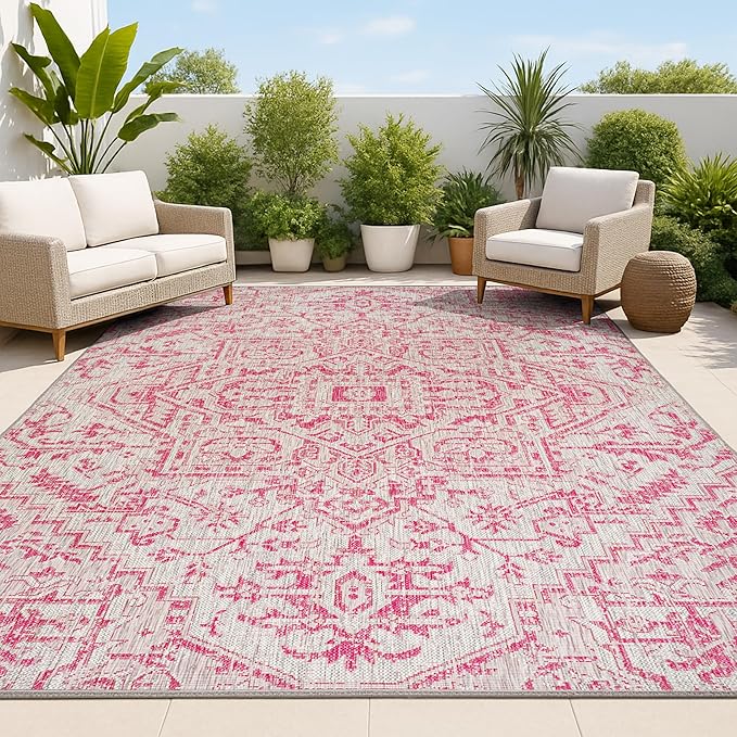 JONATHAN Y Boho Medallion Indoor Outdoor Area Rug 5X8 Light Gray/Fuchsia, Estrella Textured Weave for Backyard, Patio, Porch, Easy-Cleaning, High Traffic, Pet-Friendly, Non-Shedding (SMB105F-5)