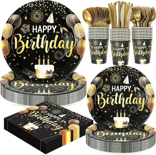 Black and Gold Happy Birthday Party Plates Set, 168PCS Balloons Cake Fireworks Paper Plates Napkins Cups and Gold Cutlery Set, 24 Set Disposable Tableware Set for Birthday Party Decorations