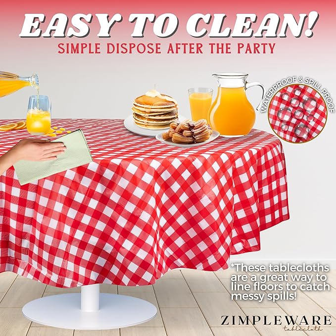ZIMPLEWARE Premium Red Gingham Checkered Plastic Table Cloth Disposable (12 Pack) Round Tablecloth (84in) Party Table Cloths Disposable, Perfect Table Cloth Round Cover for Any Table Up to 6 Feet