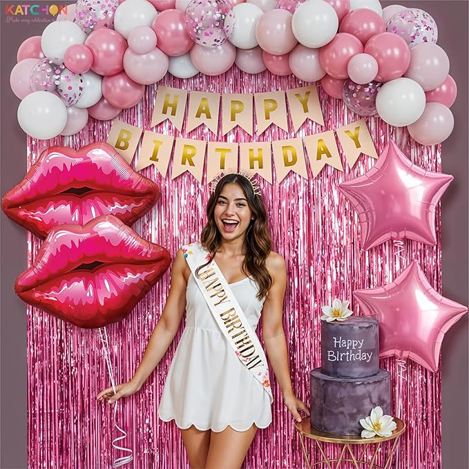 KatchOn, Pink Birthday Decorations Set – Pack of 42 | Happy Birthday Banner and Lip Decor For Happy Birthday Decorations Women, Girls, Her | Pink Party Decorations | Birthday Backdrop | Birthday Sign
