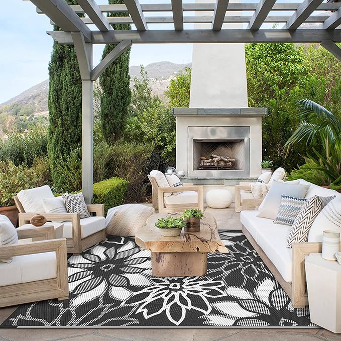 GENIMO Outdoor Rug Waterproof for Patio Decor, 6' x 9' Reversible Plastic Straw Floral Camping Carpet, Large Area Rugs Mats for RV, Camper, Deck, Balcony, Porch, Beach, Picnic, Black & White