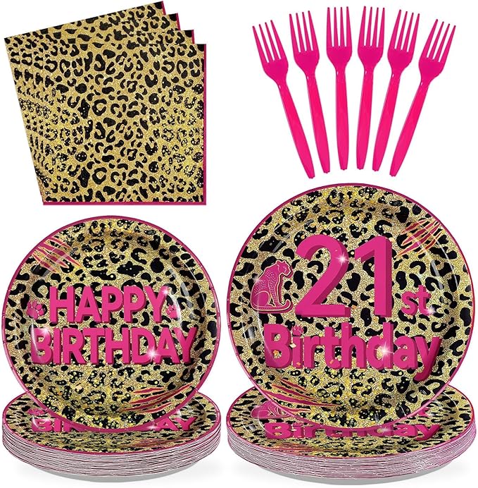 21st Birthday Decorations for Her, 96Pcs Cheetah Leopard Print Plates and Napkins Pink Leopard Print Supplies Happy 21st Birthday Tableware Set for Girls Safari Animal Party Decorations Serves 24