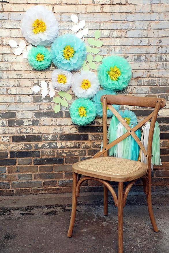 Fonder Mols Tissue Paper Chrysanth Flowers with Butterfly and Olive Leaves for Wedding Baby Shower Nursery Room Parties & Events Decorations Pom Poms (White Mint Baby Blue)