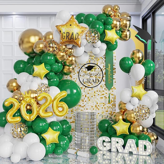 Graduation Balloon Arch Green Graduation Decorations Class of 2026 143pcs Green and Gold Balloon Garland Arch with Number 2026 Graduation Star Balloons for Class of 2026 Grad Prom Decorations Supplies