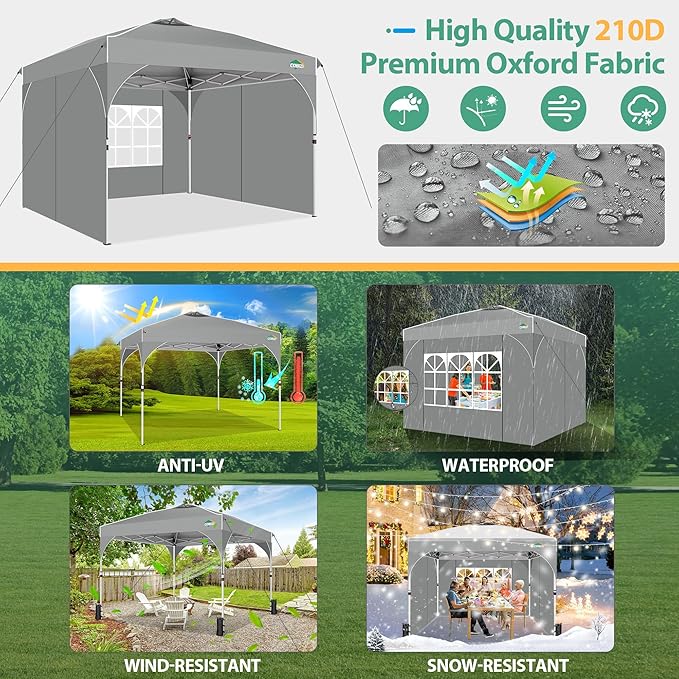 COBIZI Canopy Tent 10x10, Easy Up 10x10 Pop Up Canopy for Party Camping, Party Tents with One Push Central Button Air Vent, Outdoor Gazebo Tent with Sidewalls and Reflective Strip(Grey)