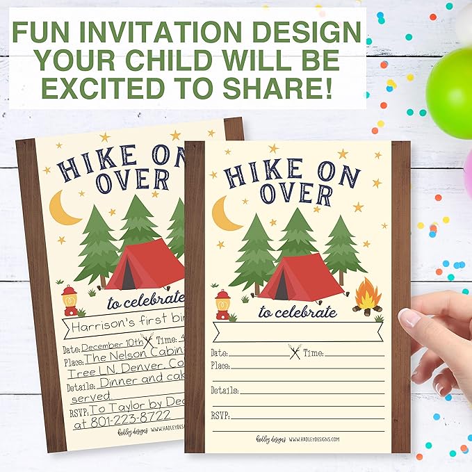 Hadley Designs Kids Birthday Invitations For Boys Camping Theme - 25 Camp Out Birthday Party Invitations For Boys, Camping Invites For Boy, Cute Outdoor Party Supplies, Made In USA