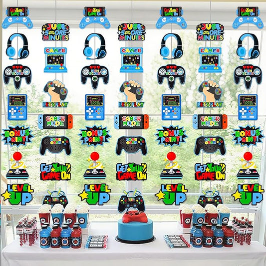 Video Game Garlands Blue Video Gamer Birthday Party Decorations 6Pcs Video Controller Hanging Paper Garlands Gaming Theme Banners for Game Player Level Up Baby Shower Party Supplies