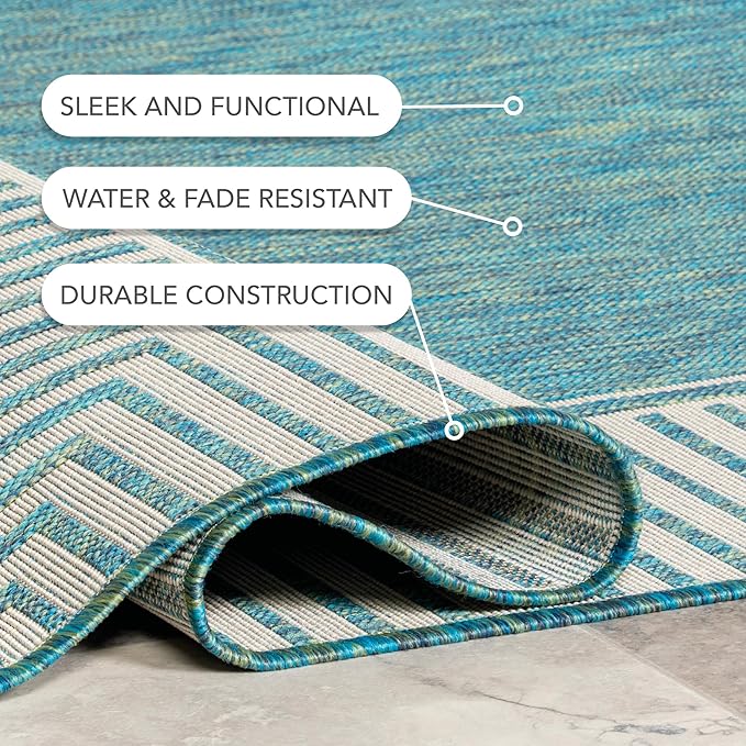 Nuloom Asha Teal/Ivory, 6'7" x 9', Casual, Striped Border, Soft and Cozy, High Traffic, Stain Resistant, Easy Clean, Durable Area Rug for Indoor/Outdoor Patio, Deck, Porch, Garden, Courtyard