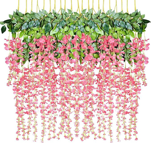 DearHouse 12 Pack 1 Piece 3.6 Feet Artificial Fake Wisteria Vine Ratta Hanging Garland Silk Flowers String Home Party Wedding Decor (Pink)