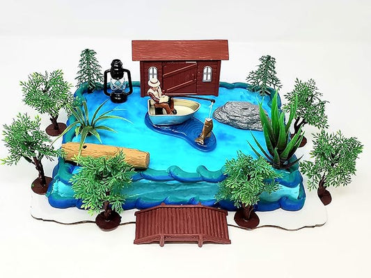 Gone Fishing Fisherman Themed Birthday Cake Topper Set Featuring Camping Angler in Boat with Decorative Themed Accessories