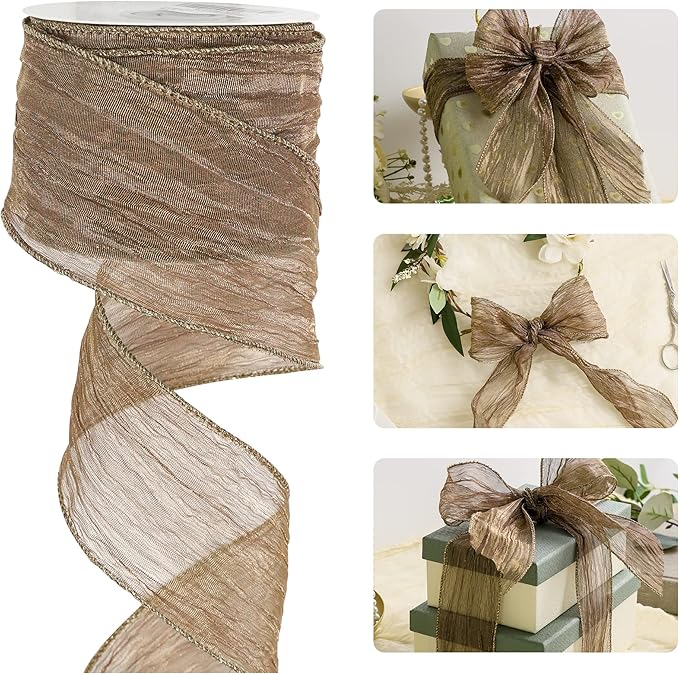 HUIHUANG Copper Brown Wired Ribbon 2-1/2" Shiny Crinkle Wire Edged Metallic Ribbon for Wedding Holiday Wreaths Craft Basket Bows Making Home Decor Gift Wrapping Christmas Tree Top Bows -10 Yards