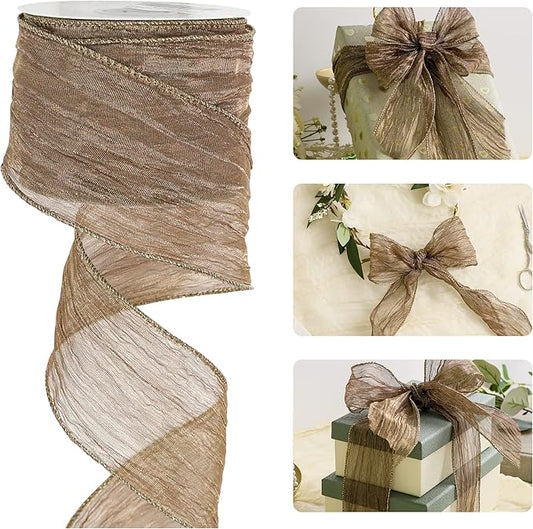 HUIHUANG Copper Brown Wired Ribbon 2-1/2" Shiny Crinkle Wire Edged Metallic Ribbon for Wedding Holiday Wreaths Craft Basket Bows Making Home Decor Gift Wrapping Christmas Tree Top Bows -10 Yards