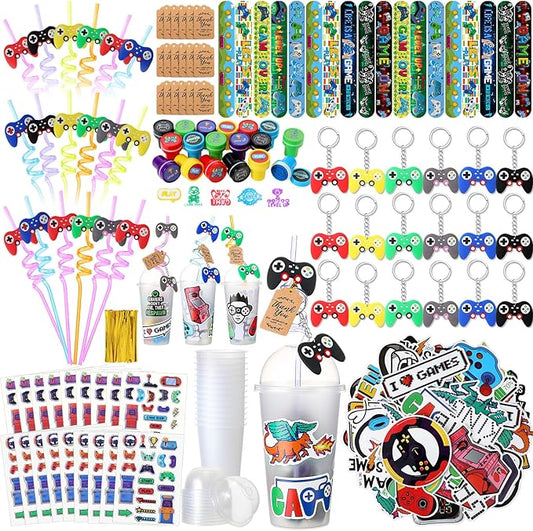 Lenwen 128 Pcs Video Game Party Favors Set Includes Reusable Gamer Drinking Straws Cups 3D Puffy Stickers Slap Bracelets Keychains Game Seals Gift Tags Stickers for Kids Gamer Birthday Party (Cool)