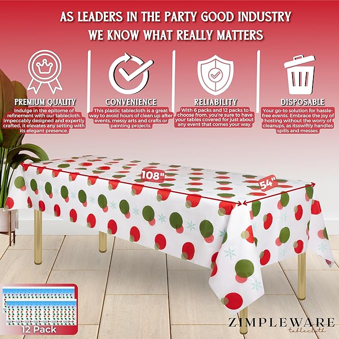 ZIMPLEWARE Premium Holiday Snow Flake Plastic Table Cloth Disposable (12 Pk) Plastic Tablecloths for Rectangle Tables (54in x 108in) Party Table Cloths Disposable for 6ft to 8ft Rectangle Tables