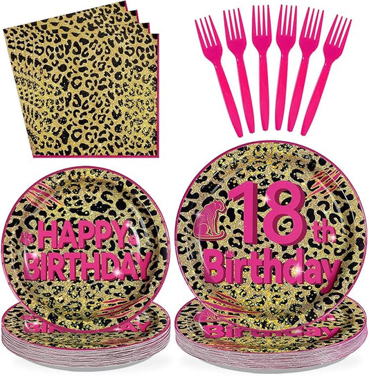 96Pcs Cheetah Print 18th Birthday Party Supplies Pink Animal Leopard Print Plates and Napkins Leopard Happy 18th Birthday Tableware Set for Girls Safari Animal Party Decorations Serves 24